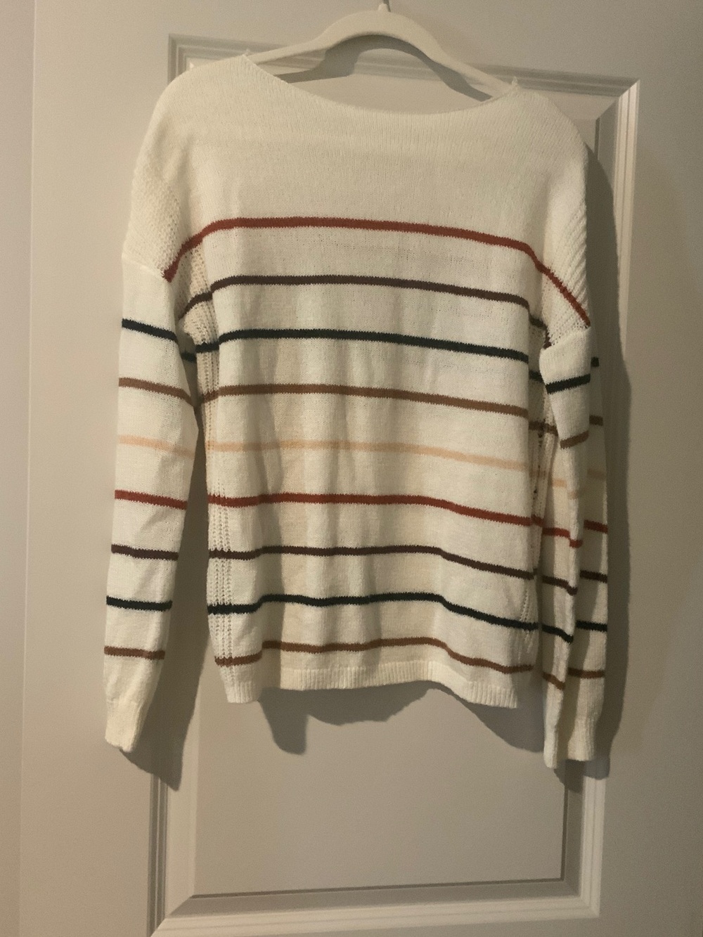 Women’s White Striped Knit Sweater with Multi-Color Stripes